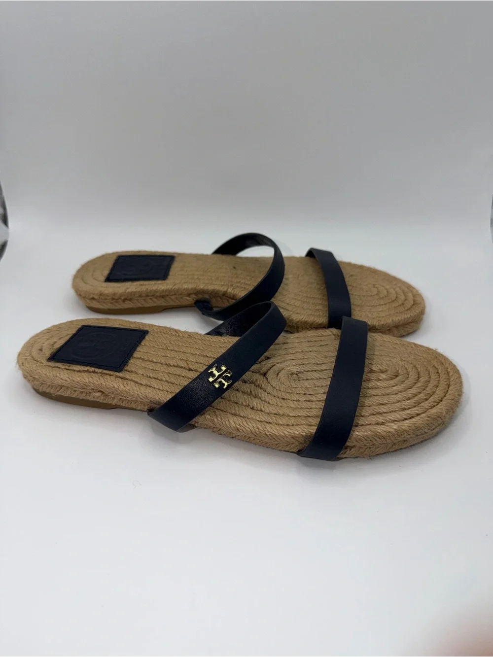 Tory Burch Black Leather Double-Strap Espadrille Slide Sandals